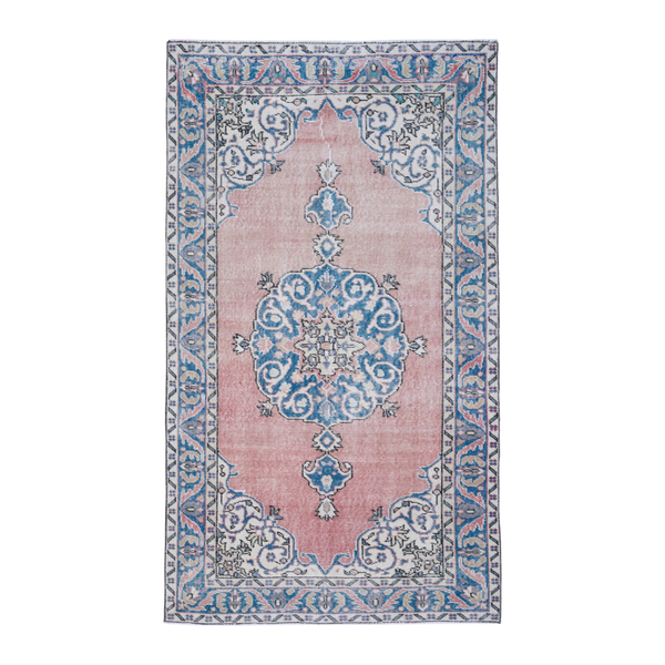 Turkish Isparta area rug in muted pink and denim, 3'10" x 6'9"