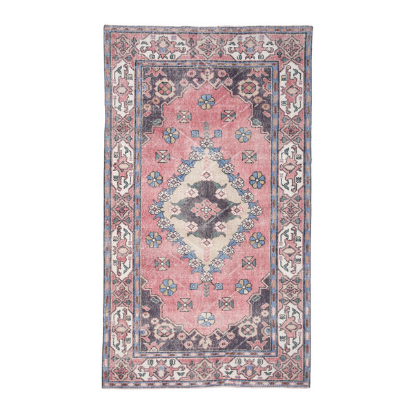 Turkish Isparta area rug in rose and navy, 3'10" x 6'11"
