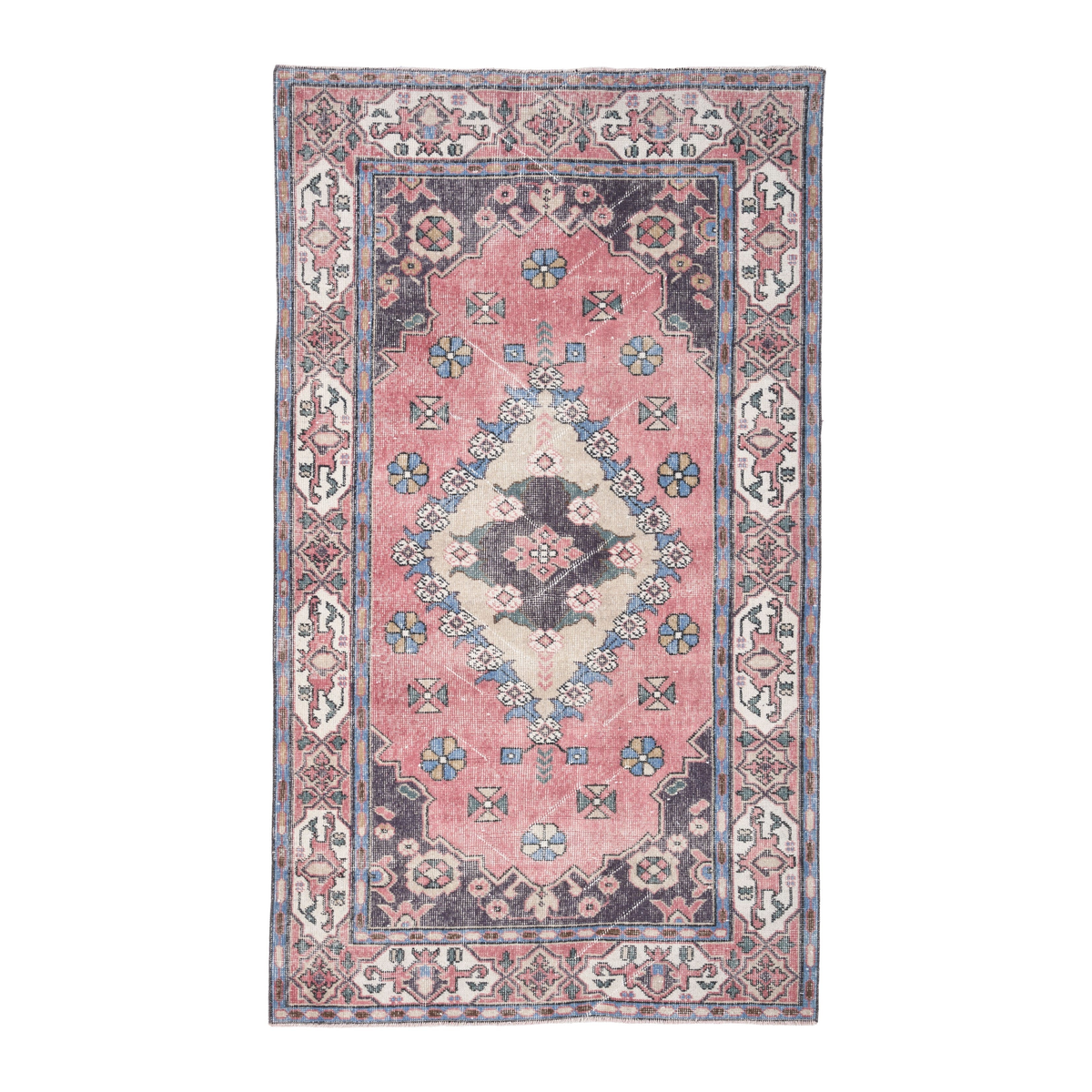 Turkish Isparta area rug in rose and navy, 3'10" x 6'11"