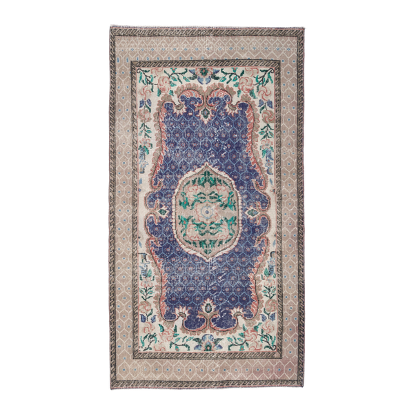 Turkish Isparta area rug in deep indigo and cream, 3'8" x 7'1"