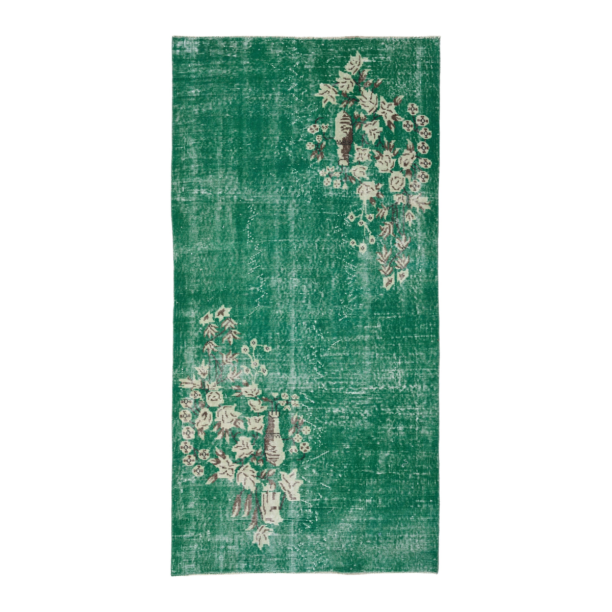 Turkish Isparta area rug in emerald and off-white, 3'8" x 7'