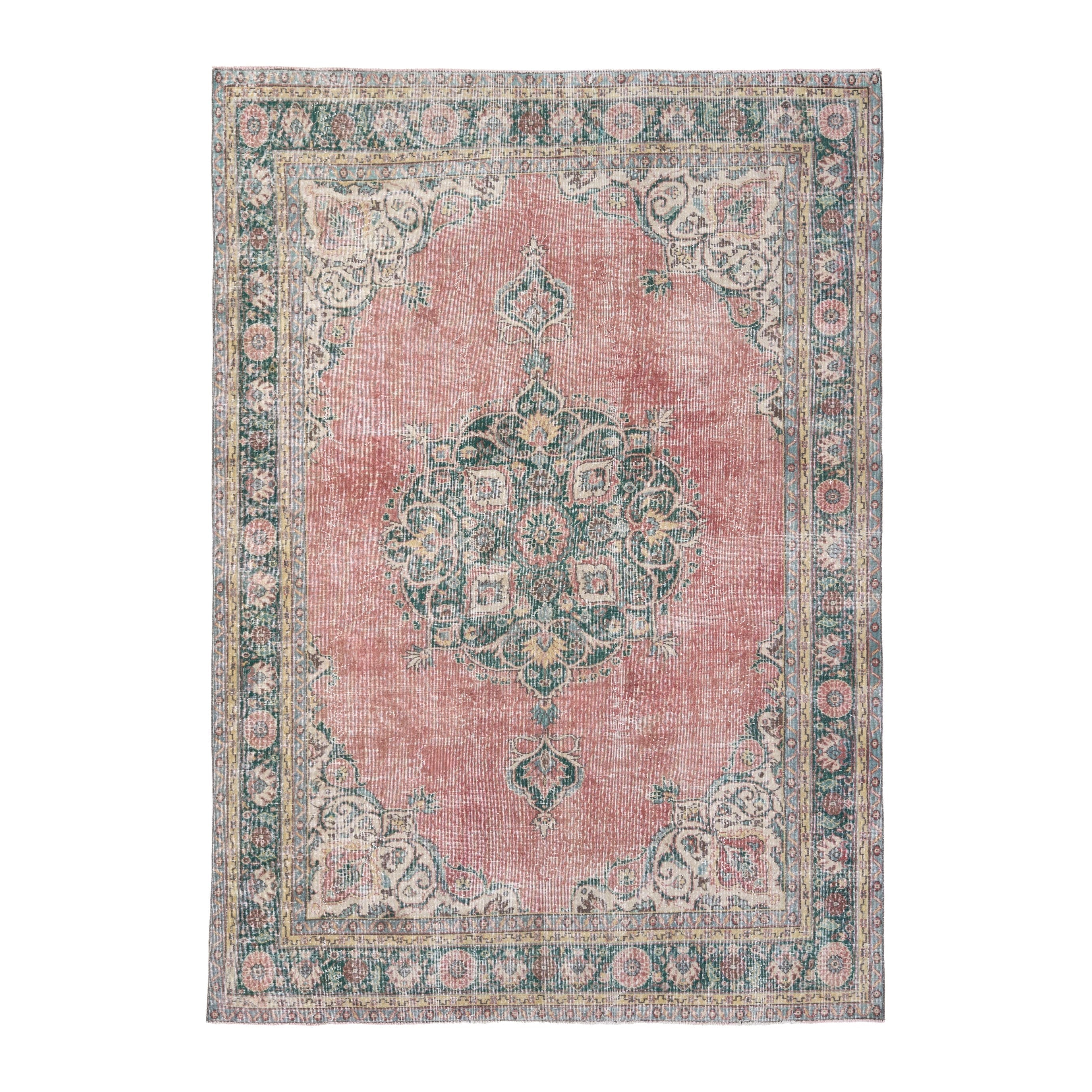 Turkish Isparta area rug in dusty rose and sage, 7'1" x 9'7"