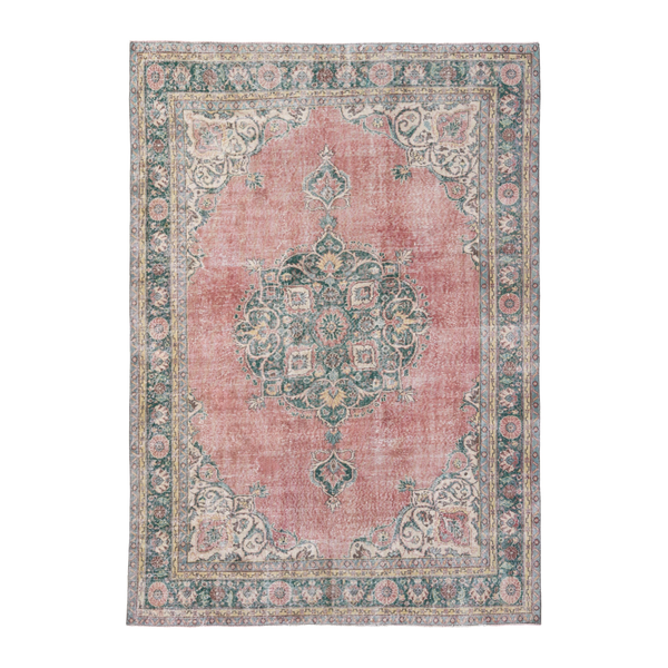 Turkish Isparta area rug in dusty rose and sage, 7'1" x 9'7"