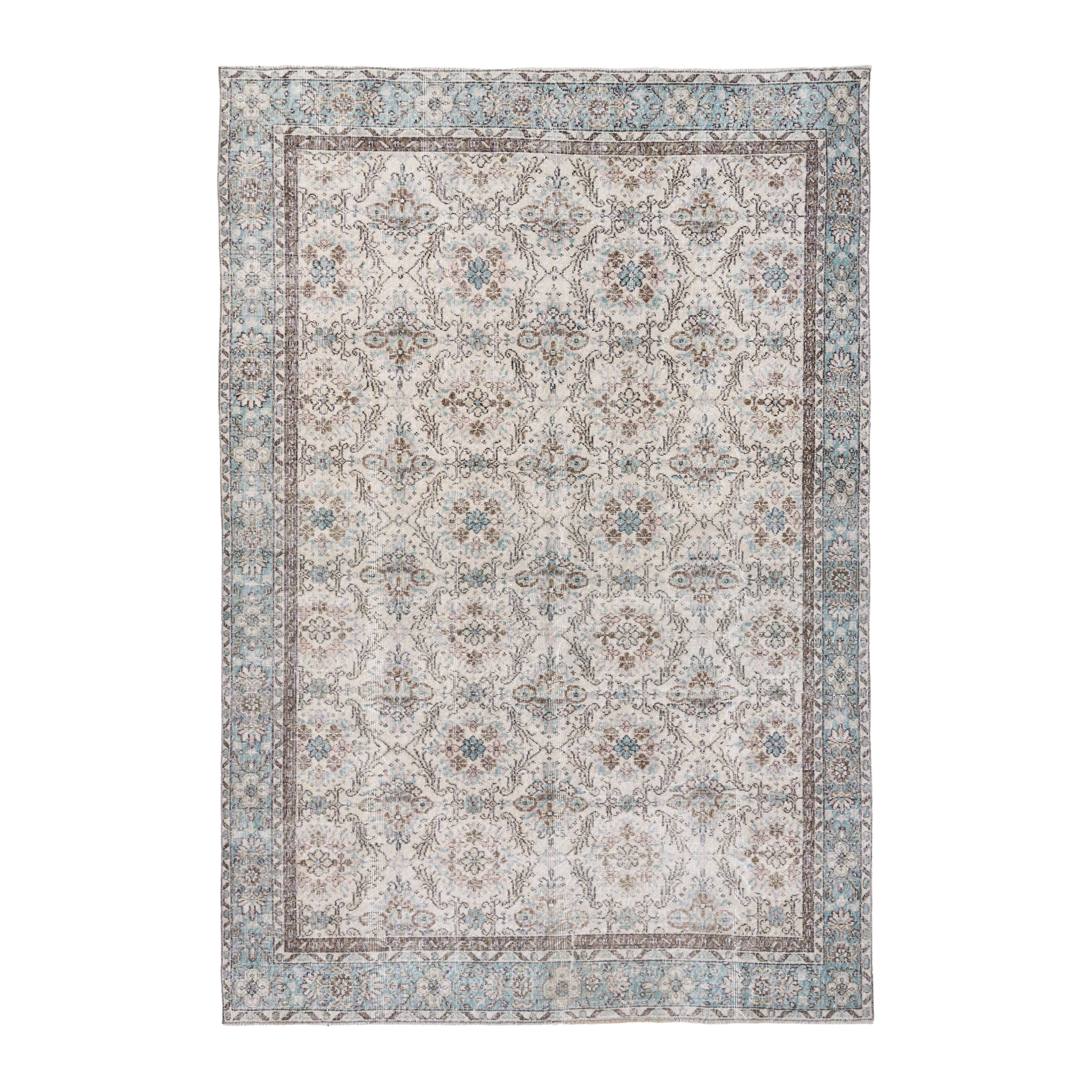 Turkish Isparta area rug in ivory and dusty blue, 6'5" x 9'7"