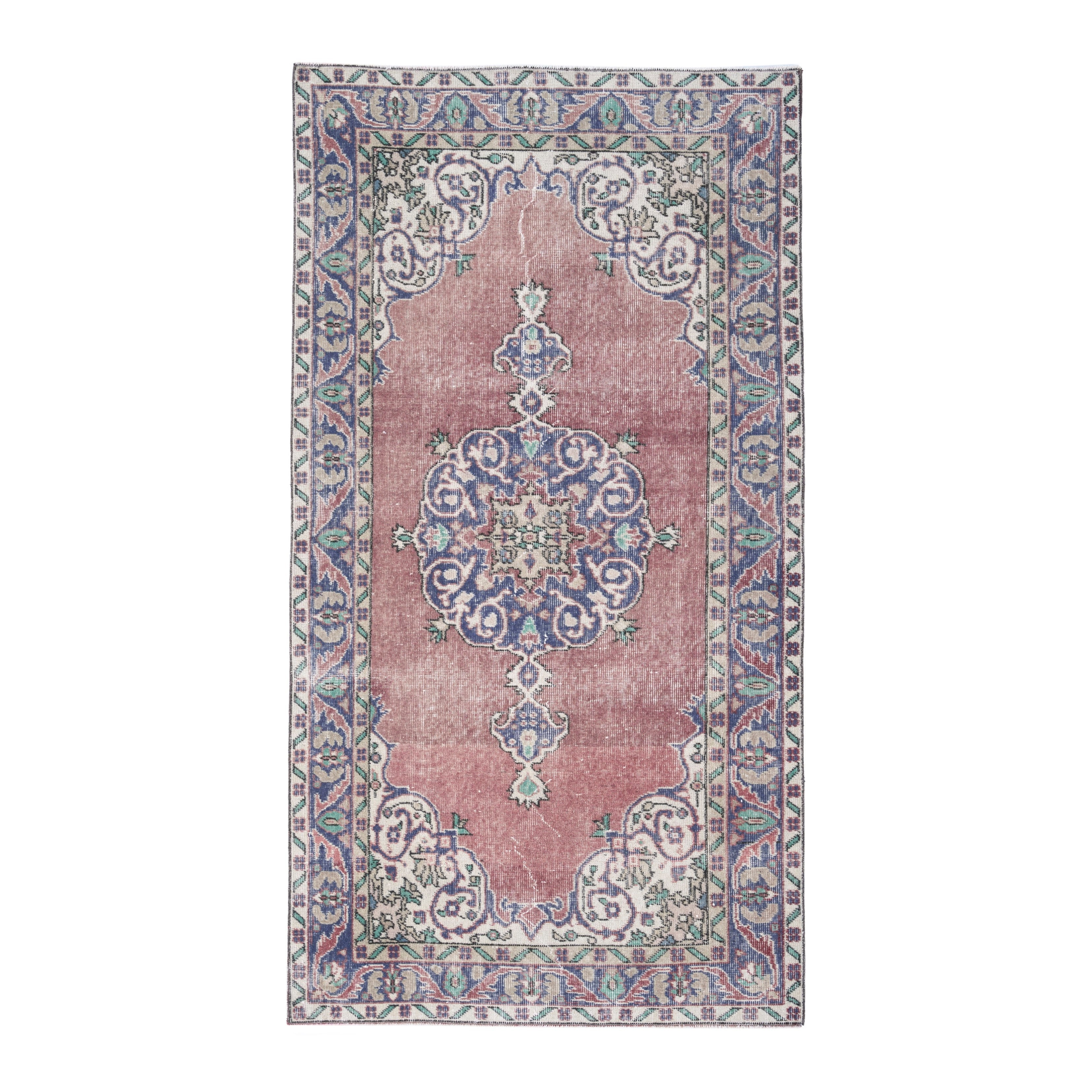 Turkish Isparta area rug in dusty rose and denim, 3'10" x 7'1"