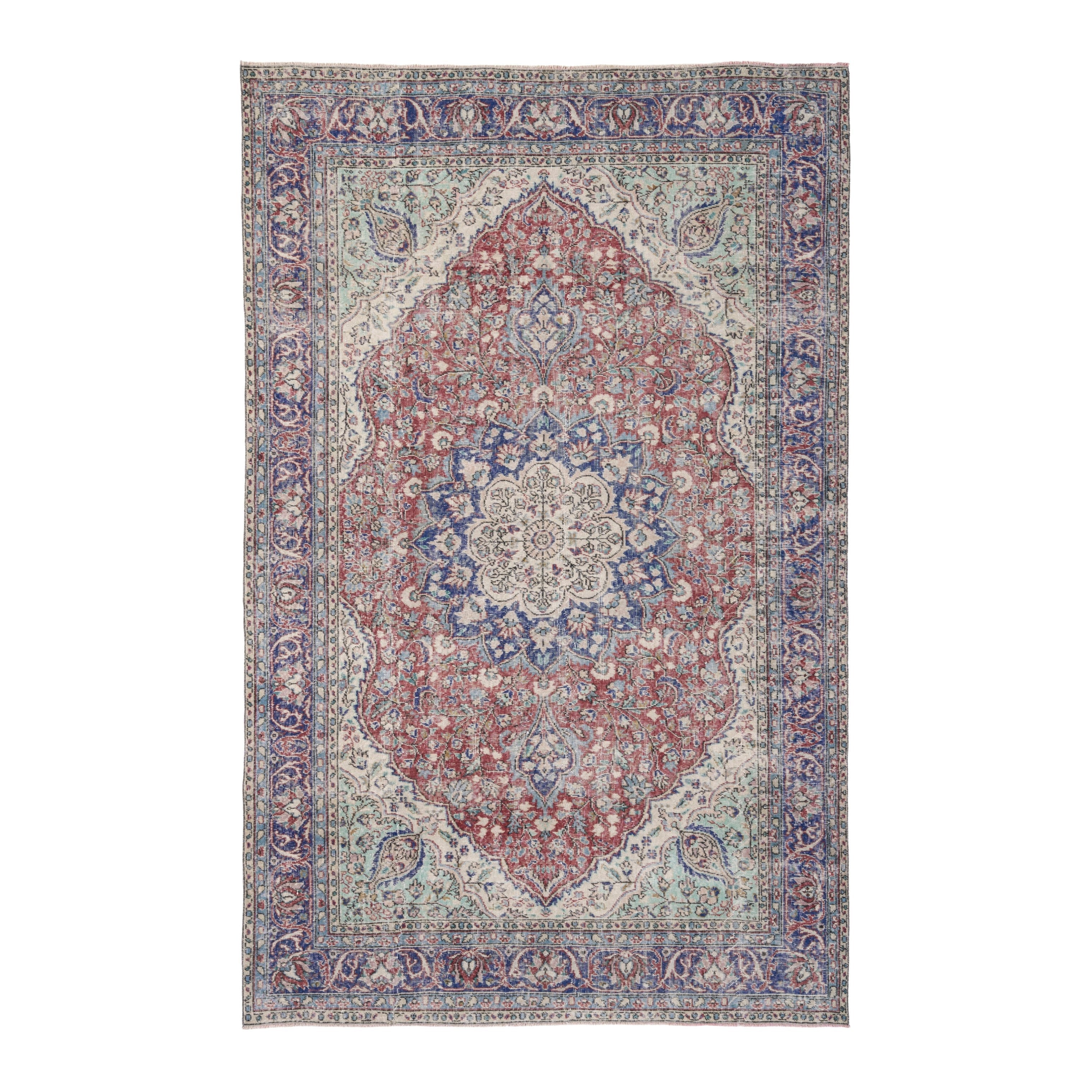 Turkish Isparta area rug in faded red and navy, 6'7" x 10'1"