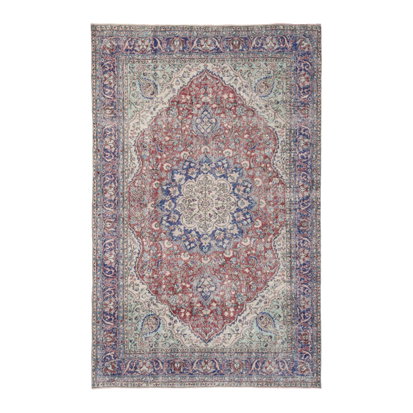 Turkish Isparta area rug in faded red and navy, 6'7" x 10'1"
