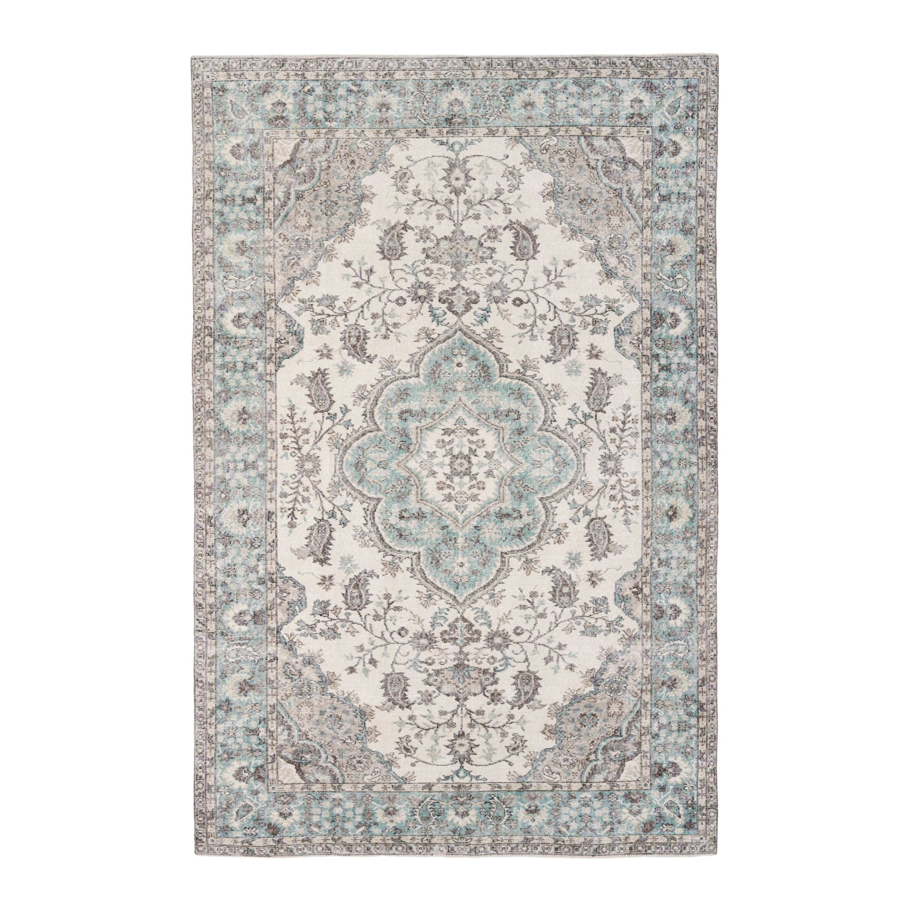 Turkish Isparta area rug in cream and teal, 6'5" x 10'