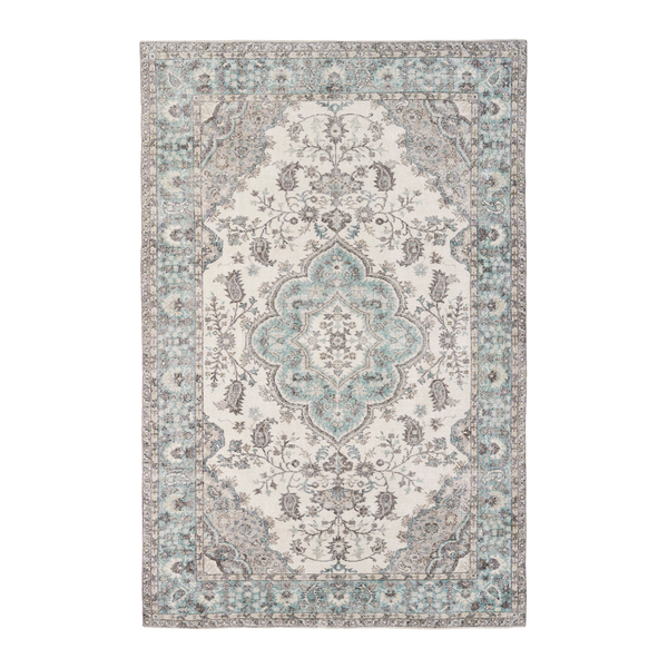 Turkish Isparta area rug in cream and teal, 6'5" x 10'