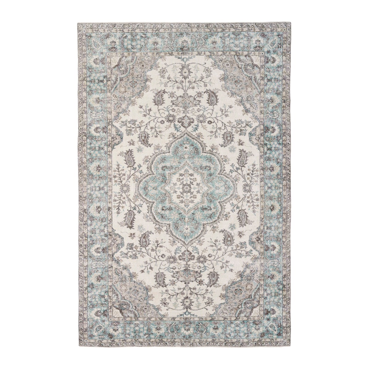 Turkish Isparta area rug in cream and teal, 6'5" x 10'