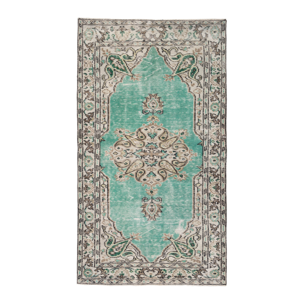 Turkish Manisa accent rug in turquoise and cream, 3'8" x 6'5"