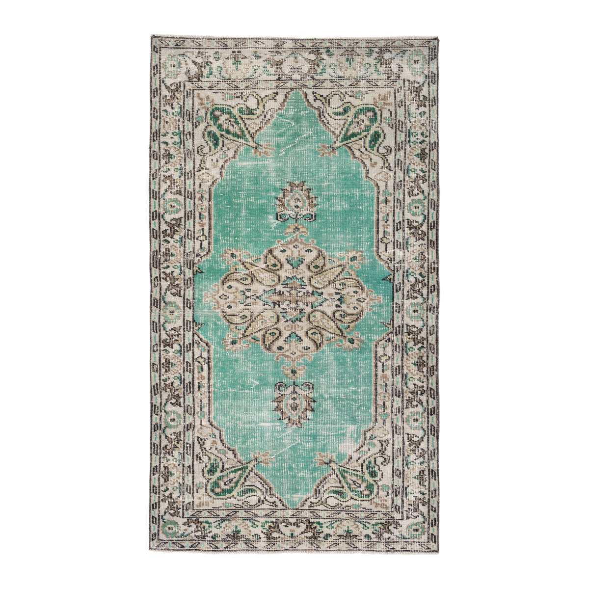 Turkish Manisa accent rug in turquoise and cream, 3'8" x 6'5"