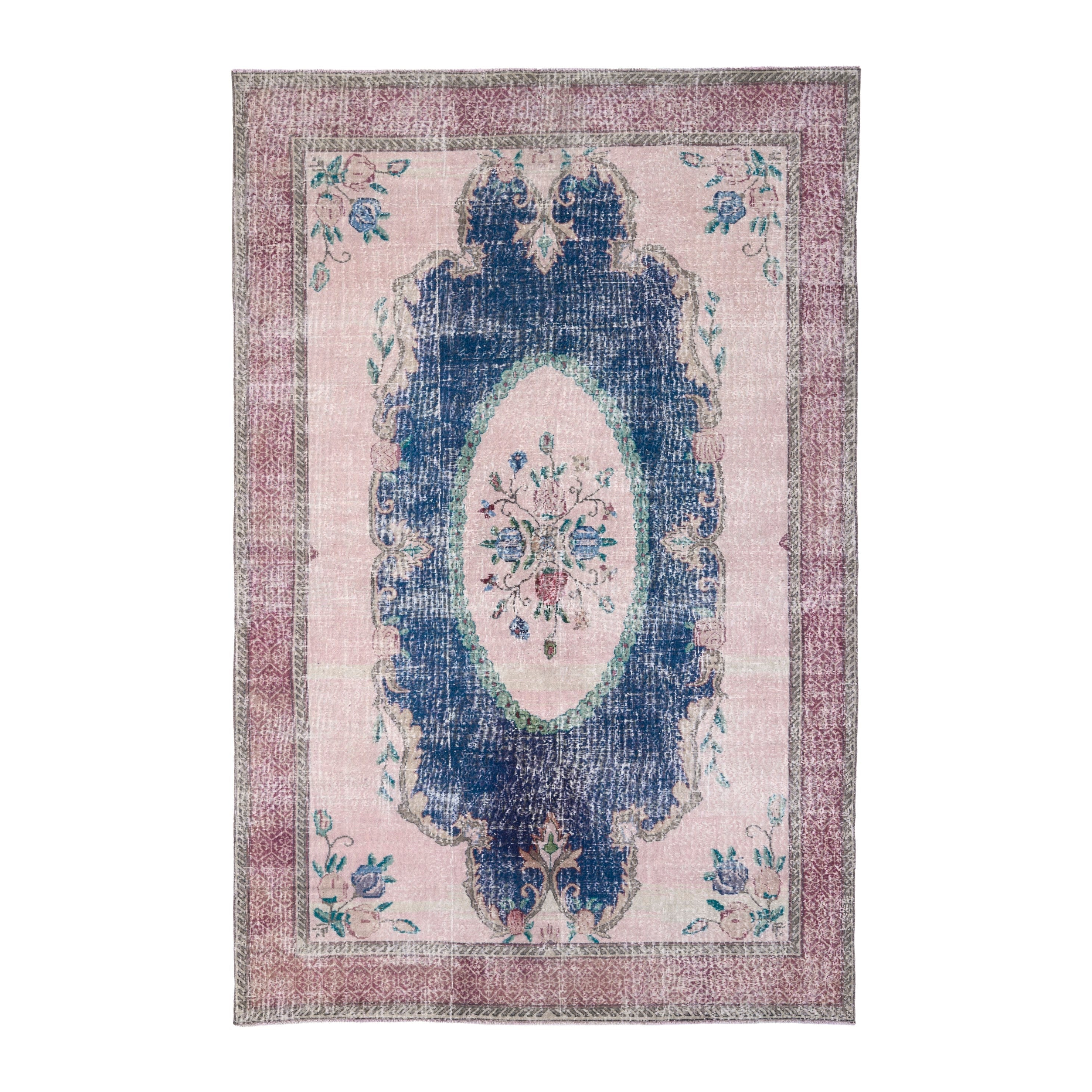 Turkish Isparta area rug in dark blue and cream, 6'10" x 10'5"