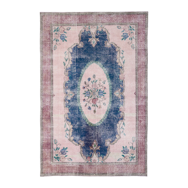 Turkish Isparta area rug in dark blue and cream, 6'10" x 10'5"