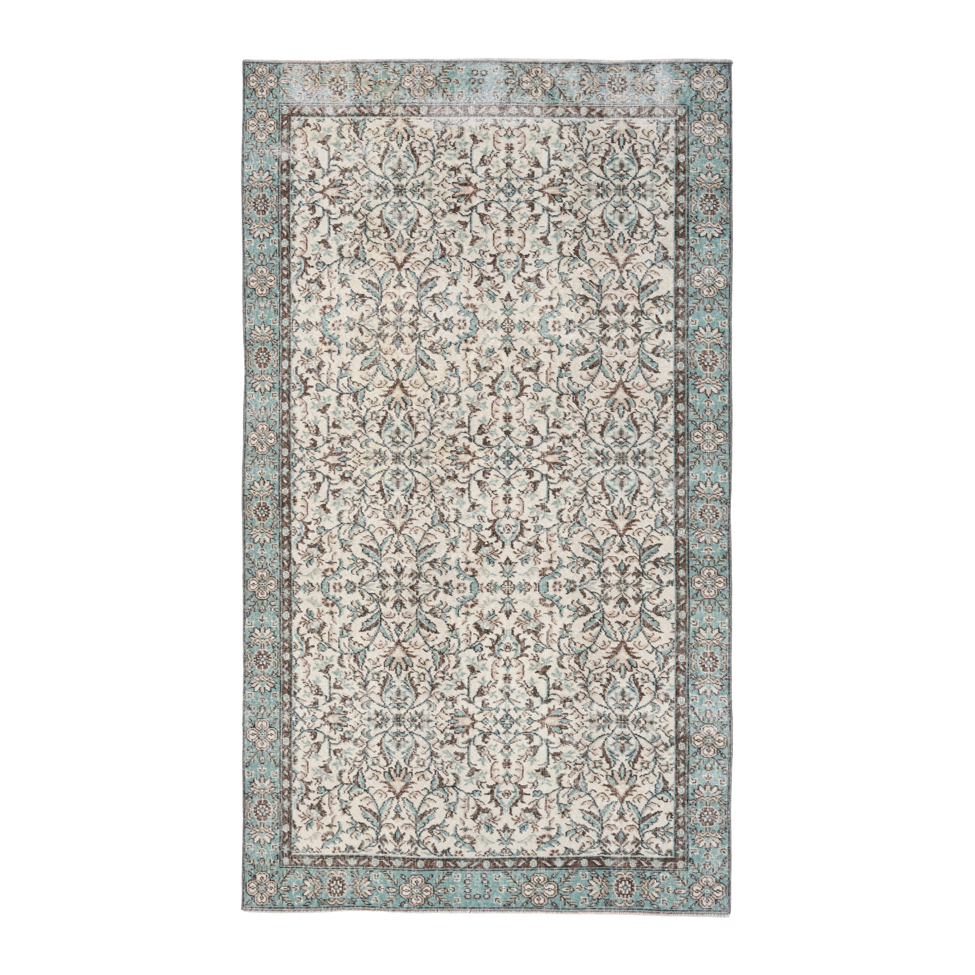 Turkish Isparta area rug in cream and teal, 5'3" x 8'9"