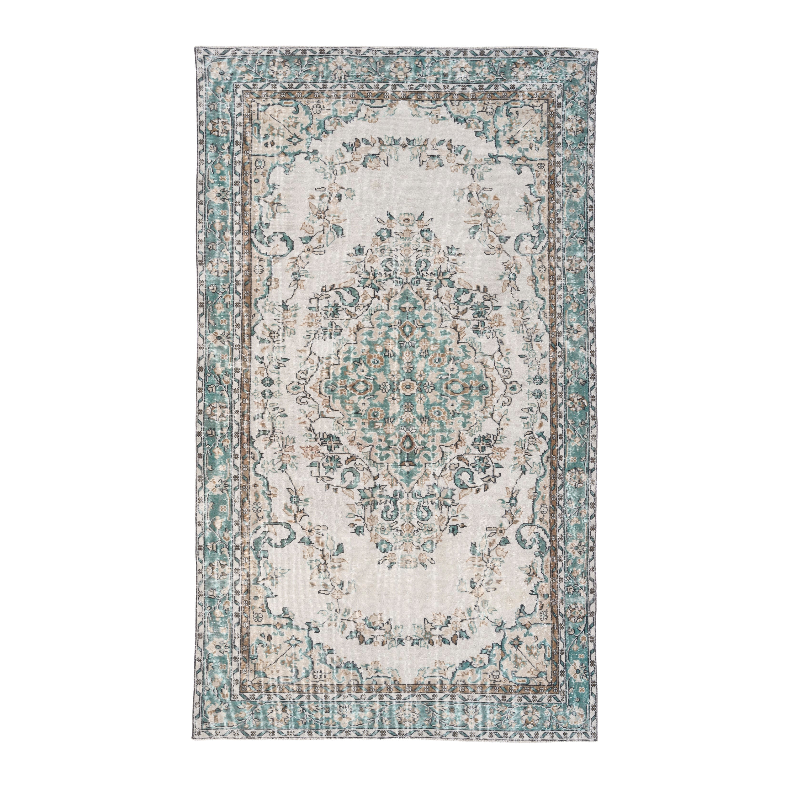 Turkish Isparta area rug in cream and teal, 5'10" x 10'