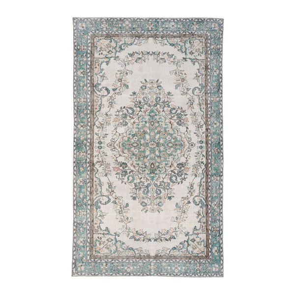 Turkish Isparta area rug in cream and teal, 5'10" x 10'