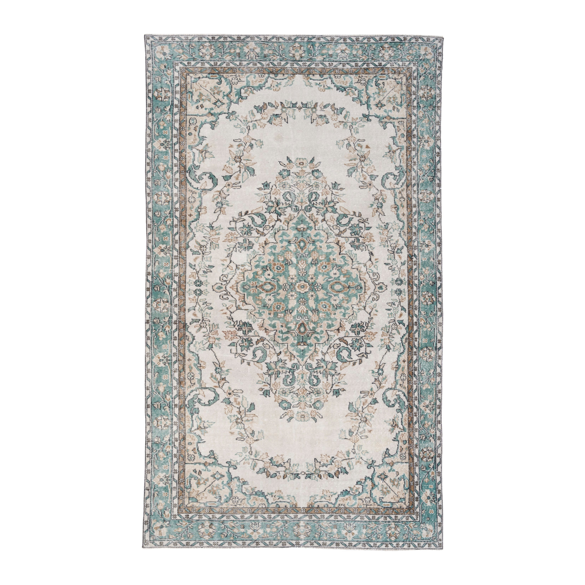 Turkish Isparta area rug in cream and teal, 5'10" x 10'