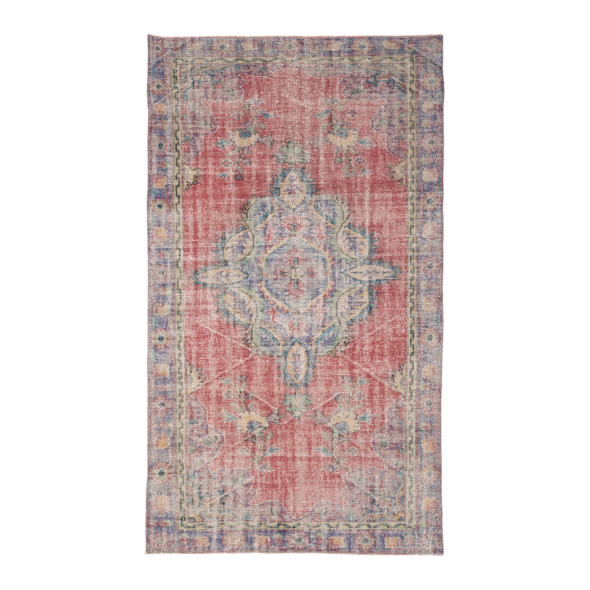Turkish Manisa area rug in faded red and slate blue, 5'6" x 9'9"