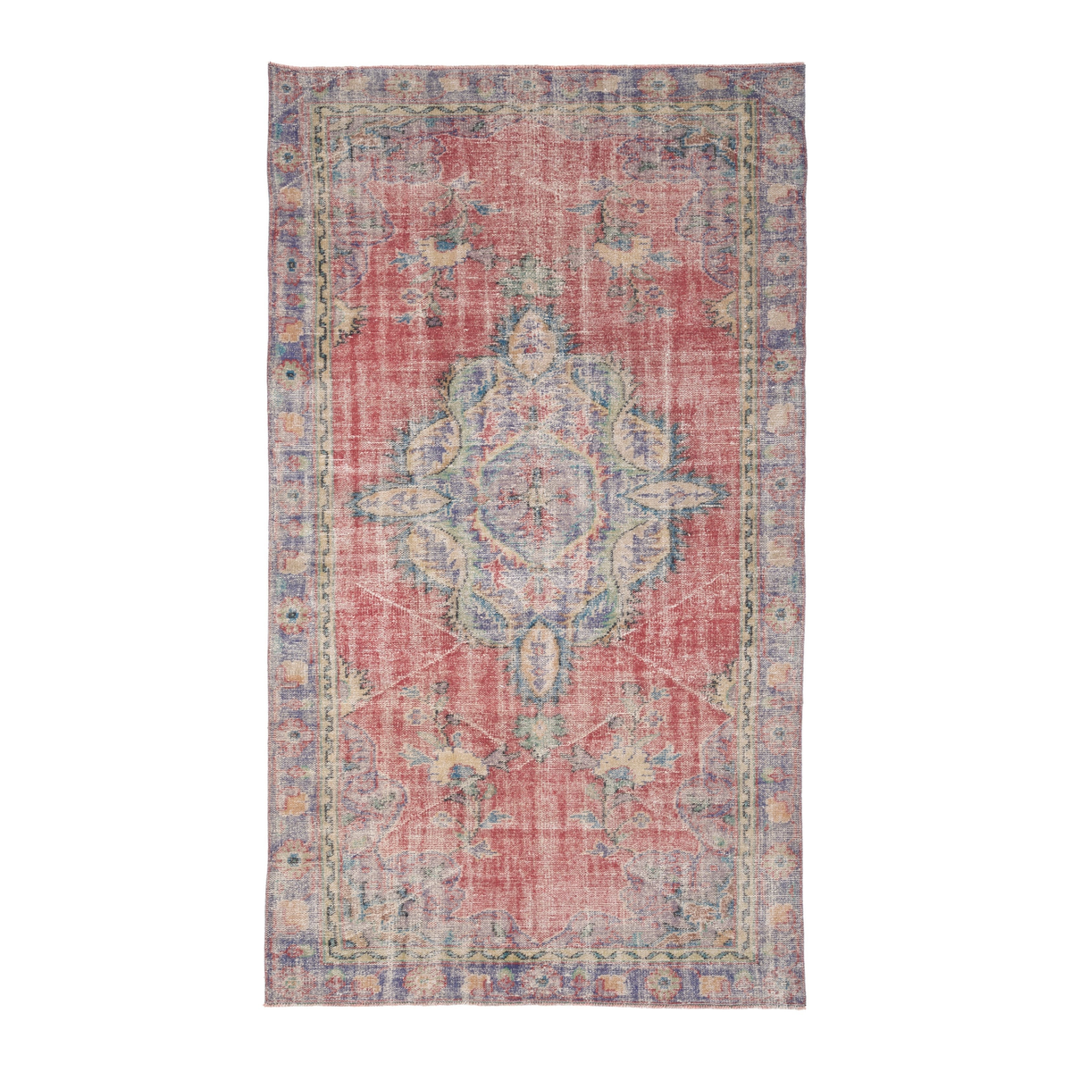 Turkish Manisa area rug in faded red and slate blue, 5'6" x 9'9"