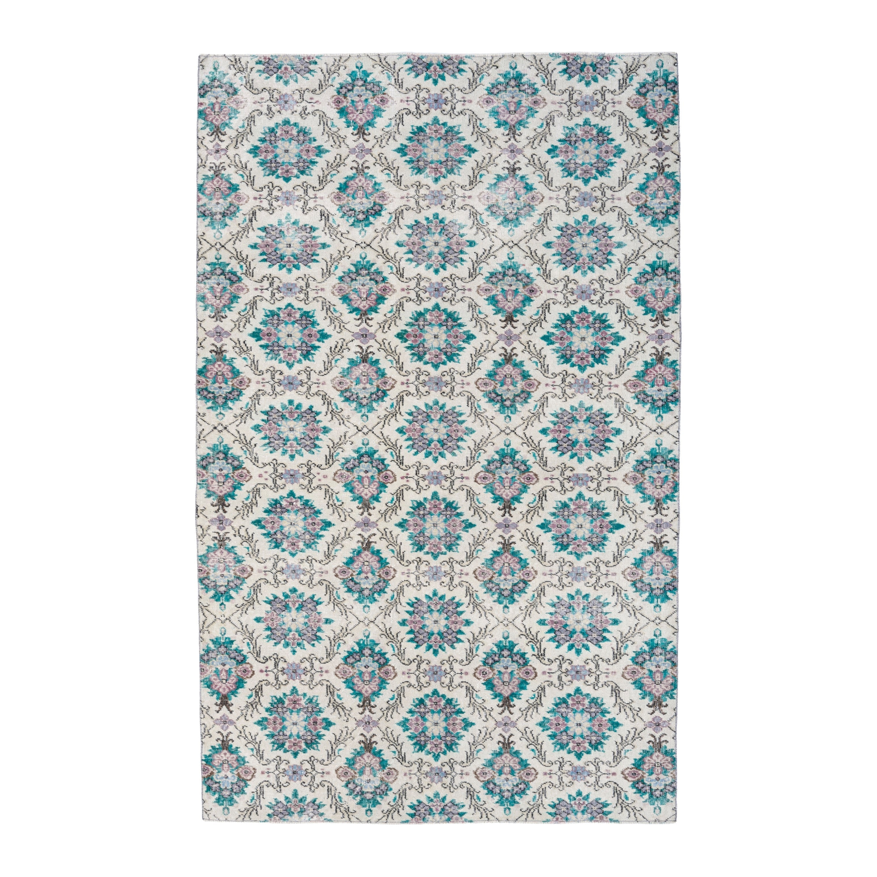 Turkish Isparta area rug in cream and turquoise, 5'6" x 9'