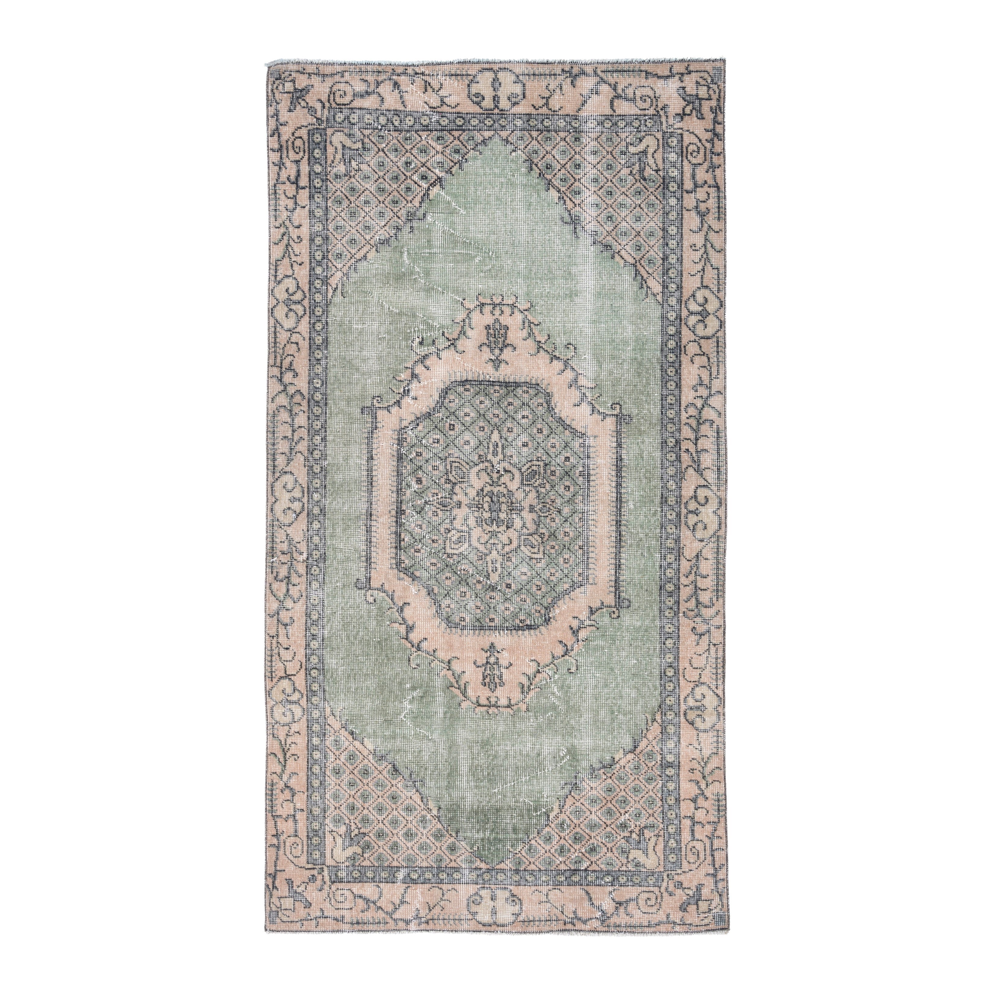 Turkish Isparta area rug in sage and muted pink, 3'7" x 6'10"