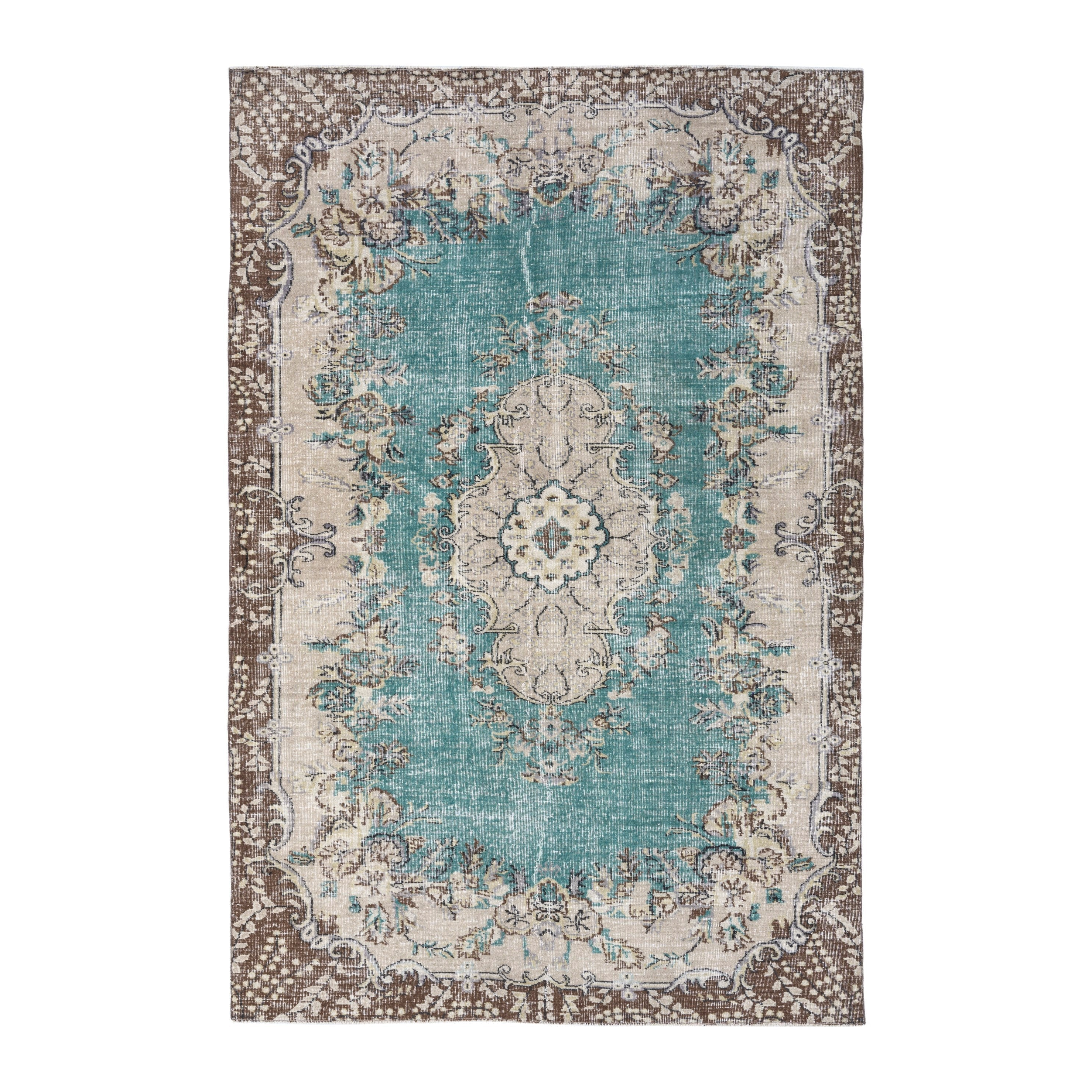 Turkish Isparta area rug in turquoise and cream, 6'2" x 8'9"