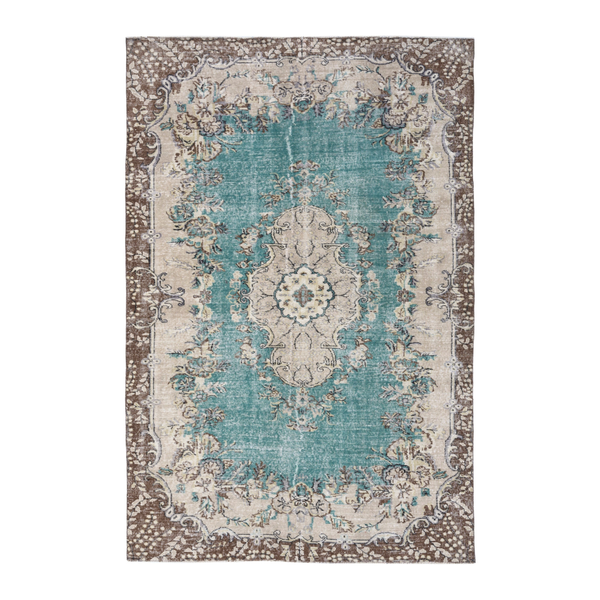 Turkish Isparta area rug in turquoise and cream, 6'2" x 8'9"