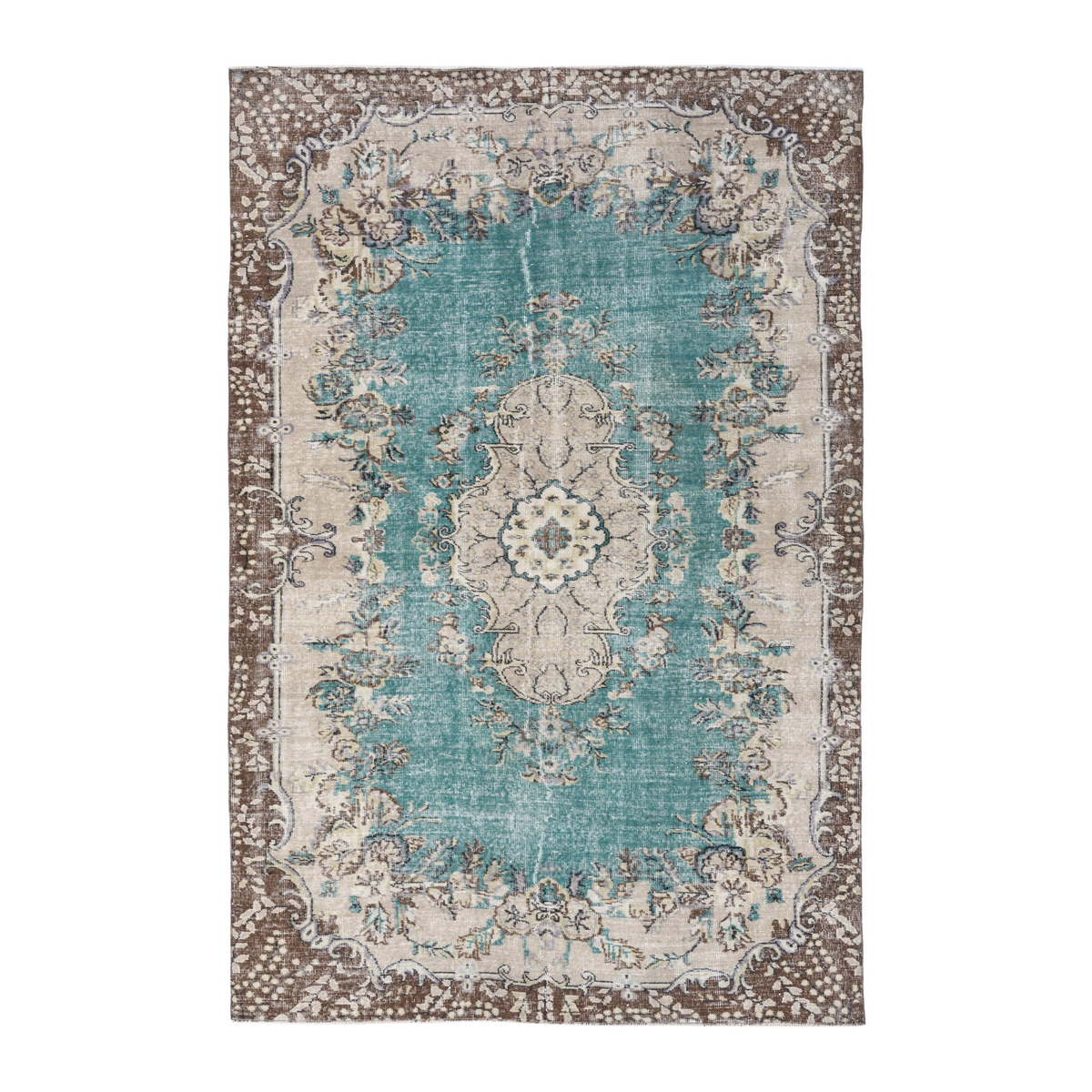 Turkish Isparta area rug in turquoise and cream, 6'2" x 8'9"