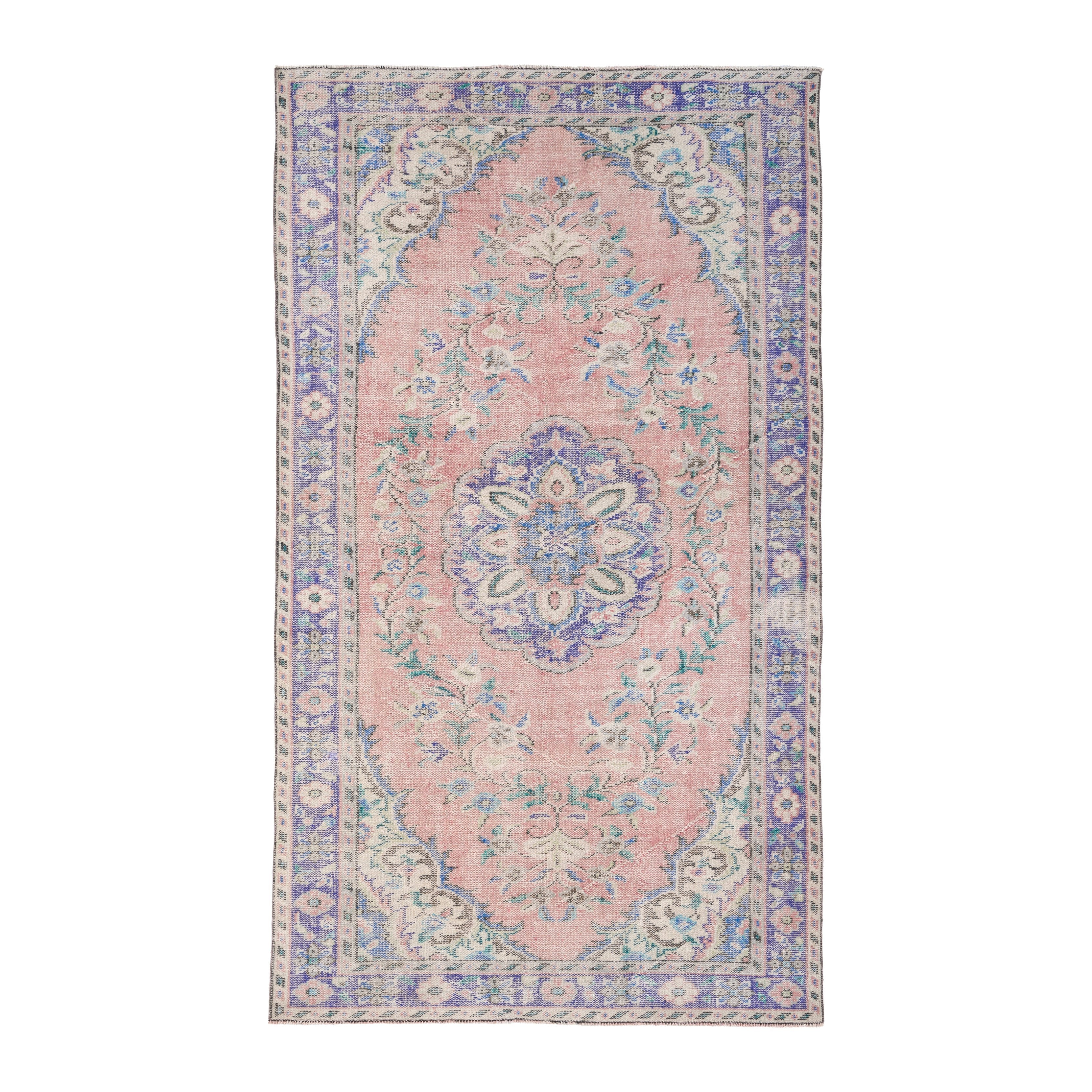 Turkish Manisa area rug in muted pink and lilac, 5'5" x 9'