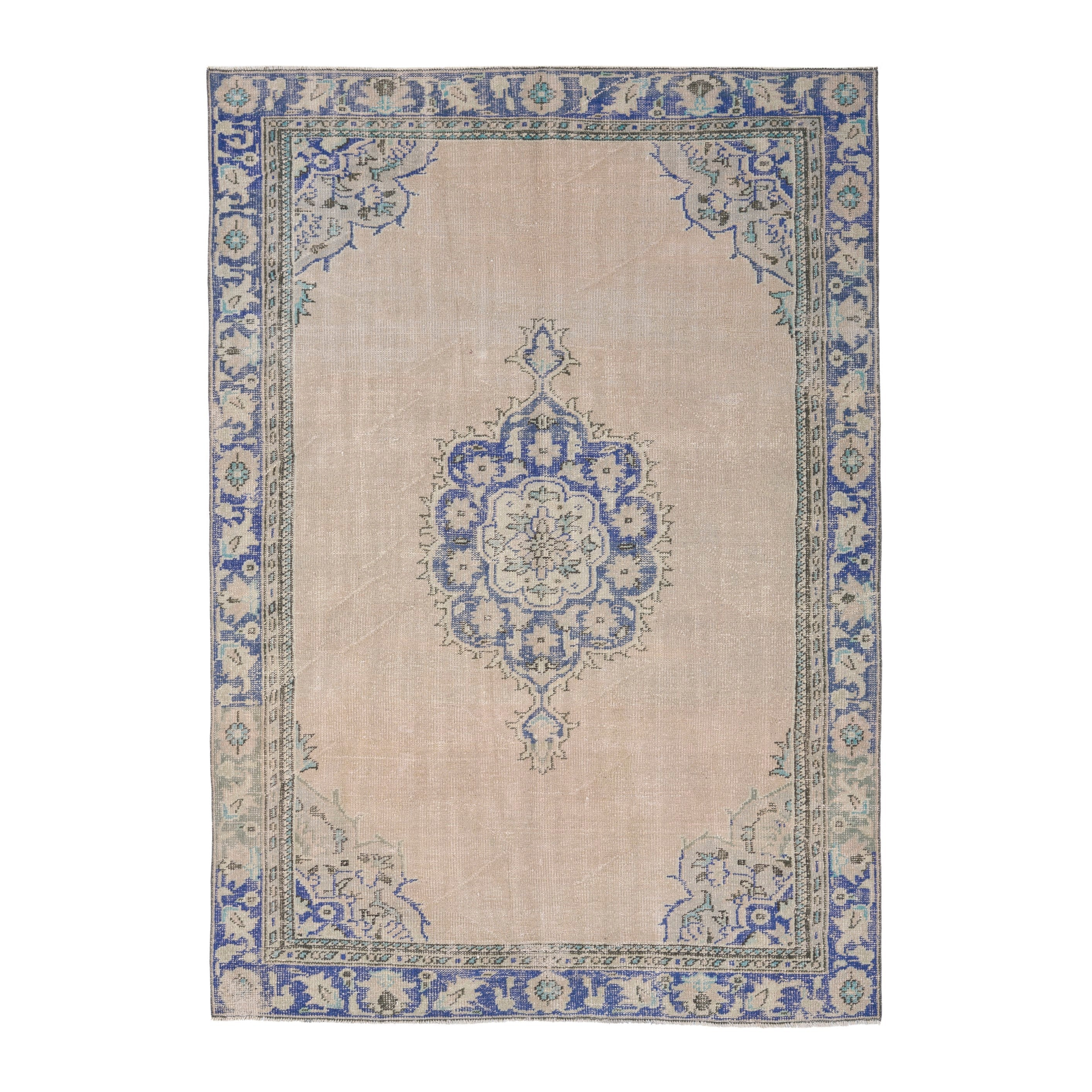 Turkish Manisa area rug in cream and denim, 6'3" x 8'2"