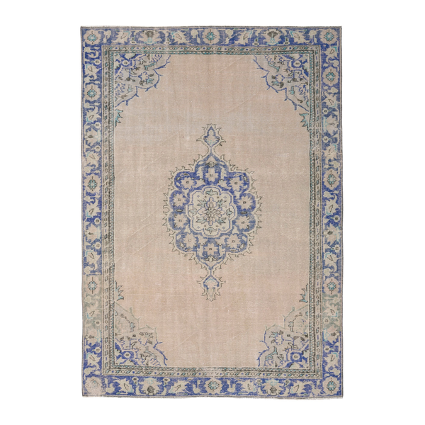 Turkish Manisa area rug in cream and denim, 6'3" x 8'2"