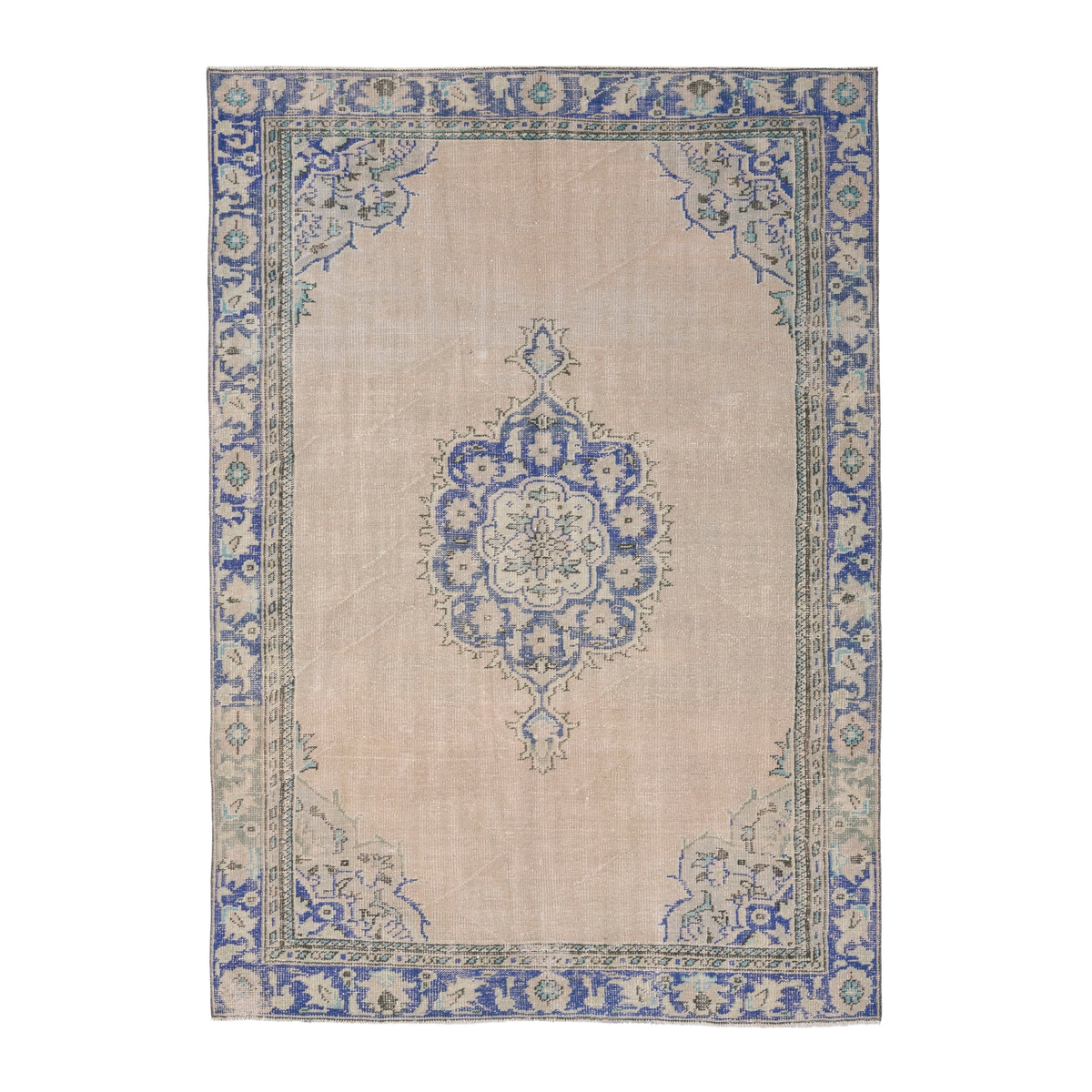 Turkish Manisa area rug in cream and denim, 6'3" x 8'2"
