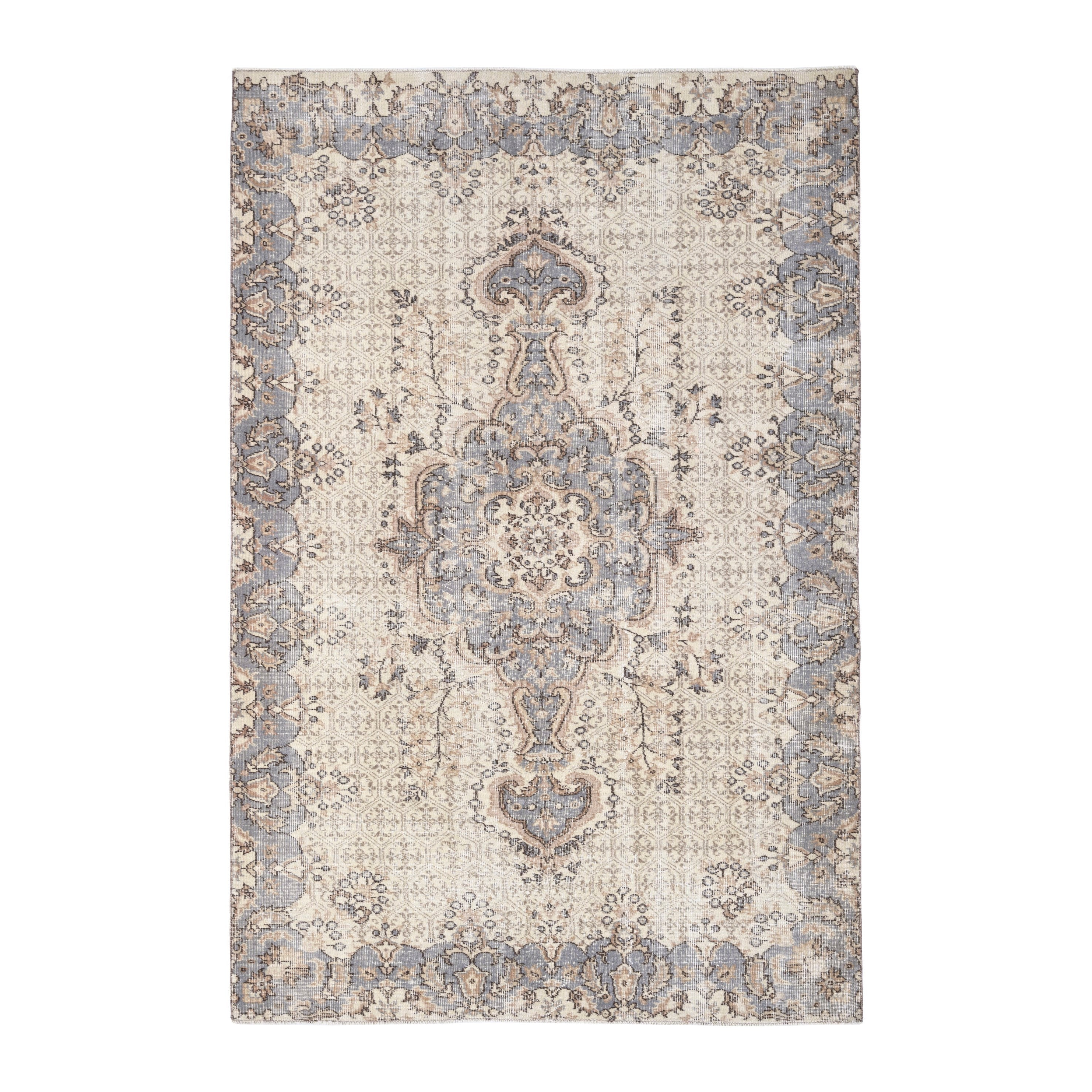 Turkish Isparta area rug in cream and dusty blue, 5'2" x 7'11"