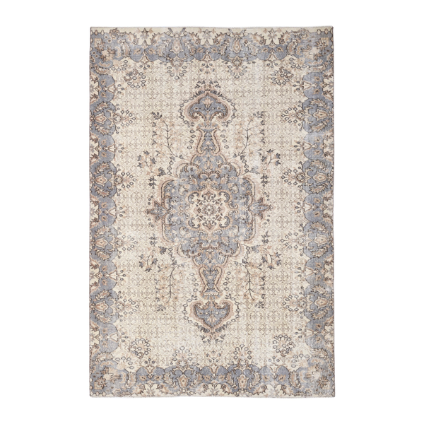Turkish Isparta area rug in cream and dusty blue, 5'2" x 7'11"
