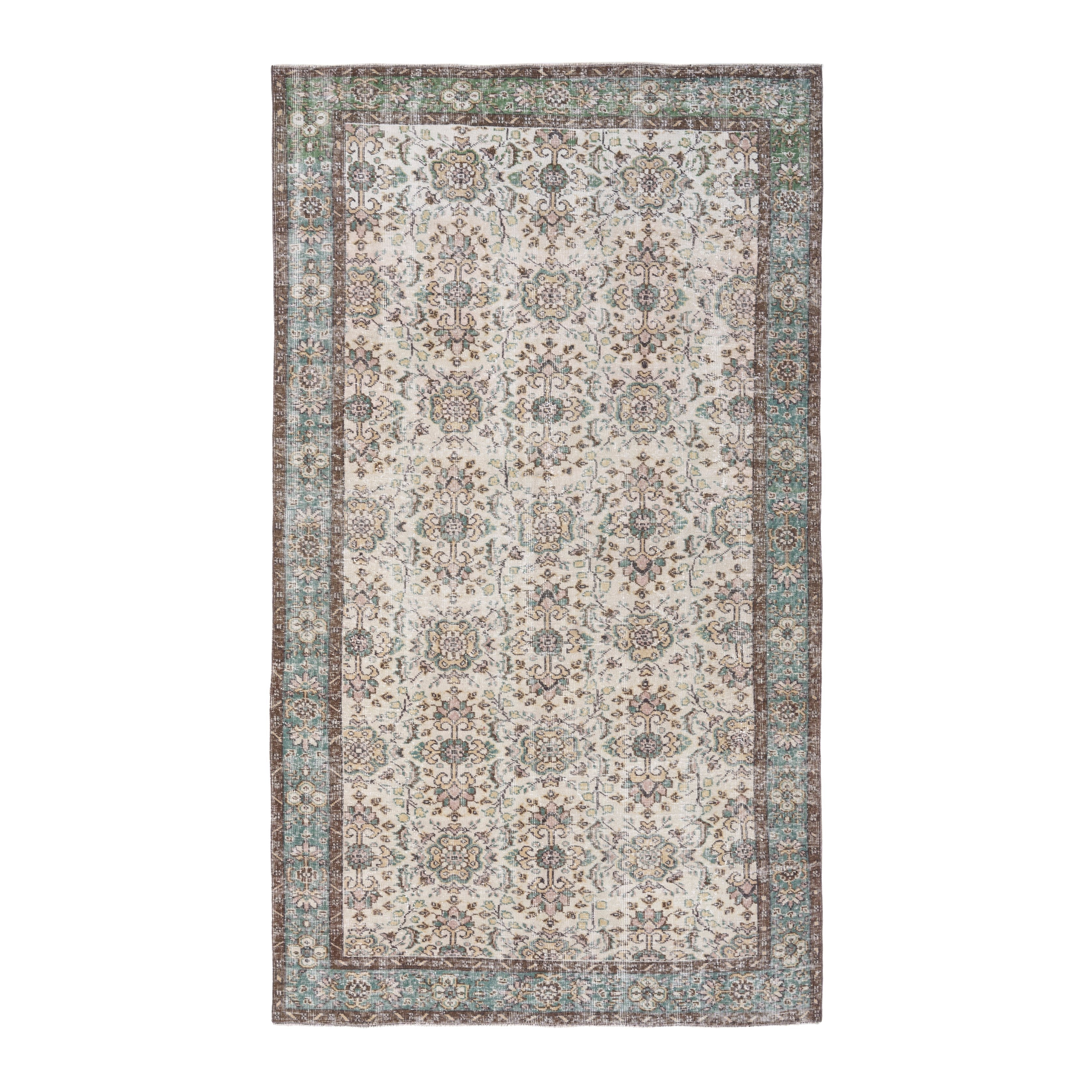 Turkish Isparta area rug in ivory and teal, 5'7" x 9'6"