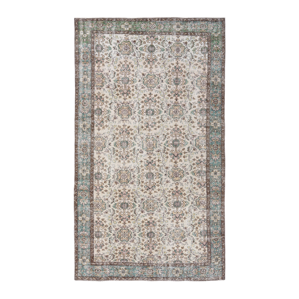 Turkish Isparta area rug in ivory and teal, 5'7" x 9'6"
