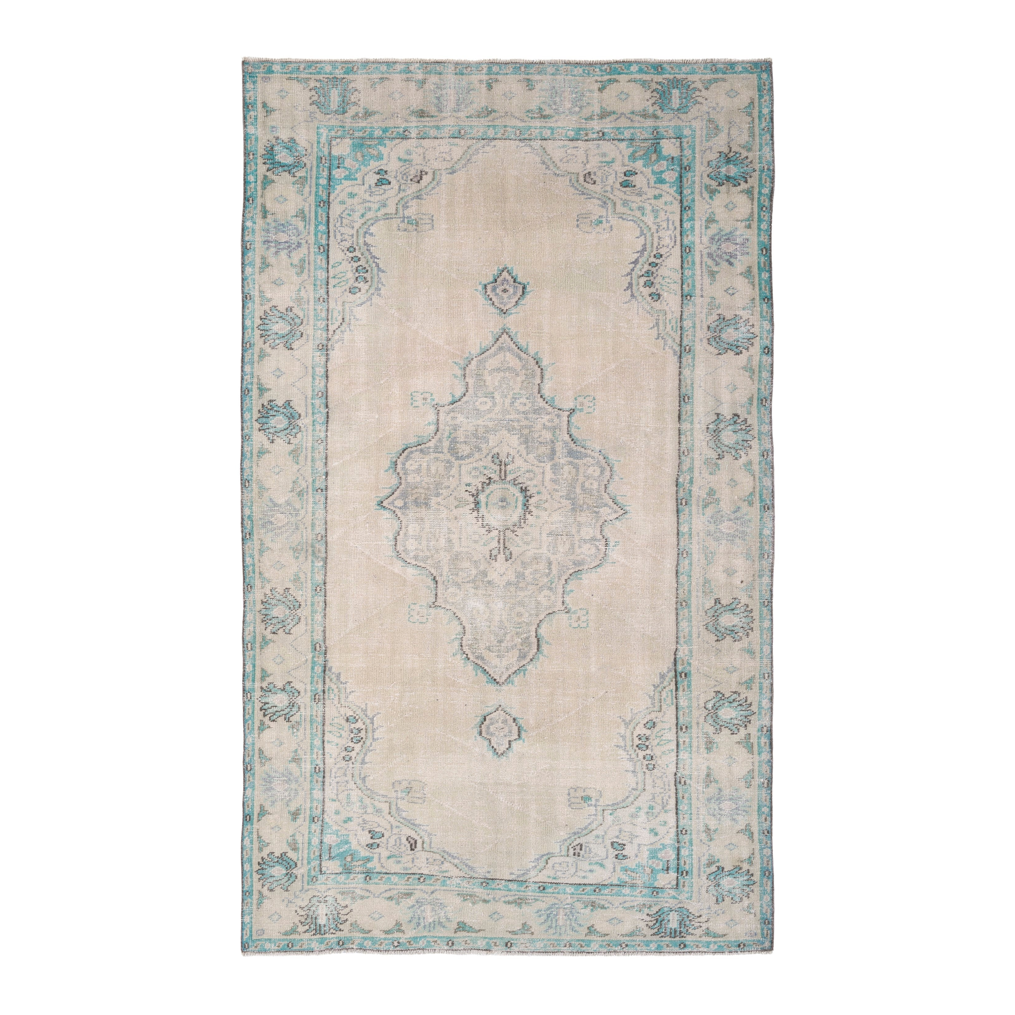 Turkish Manisa area rug in cream and teal, 5'4" x 8'10"
