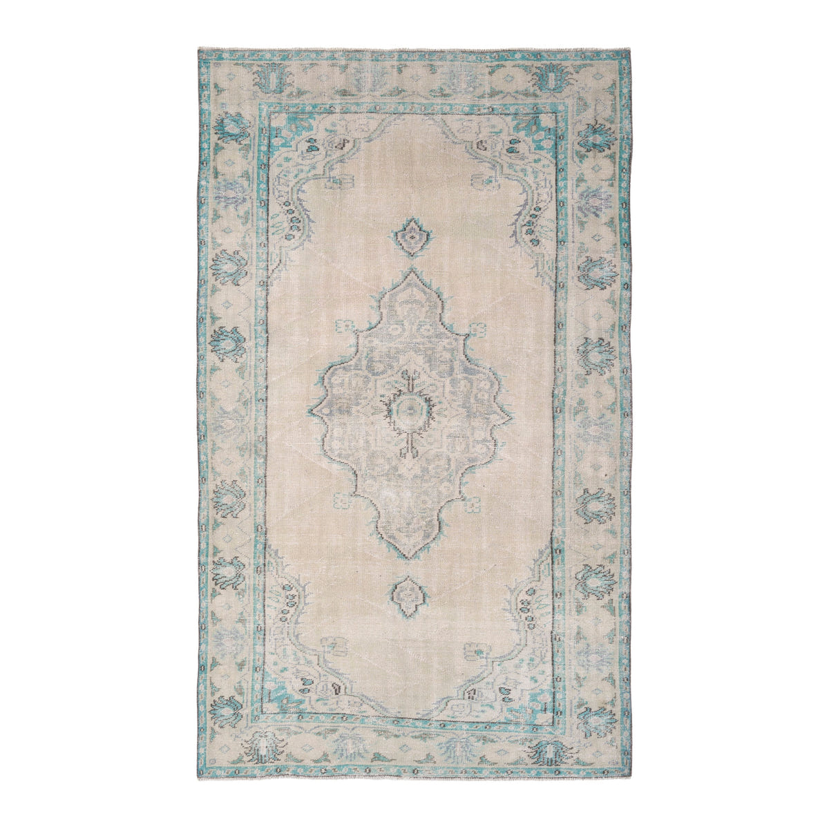 Turkish Manisa area rug in cream and teal, 5'4" x 8'10"