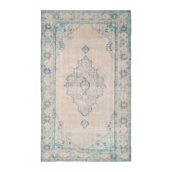 Turkish Manisa area rug in cream and teal, 5'4" x 8'10"