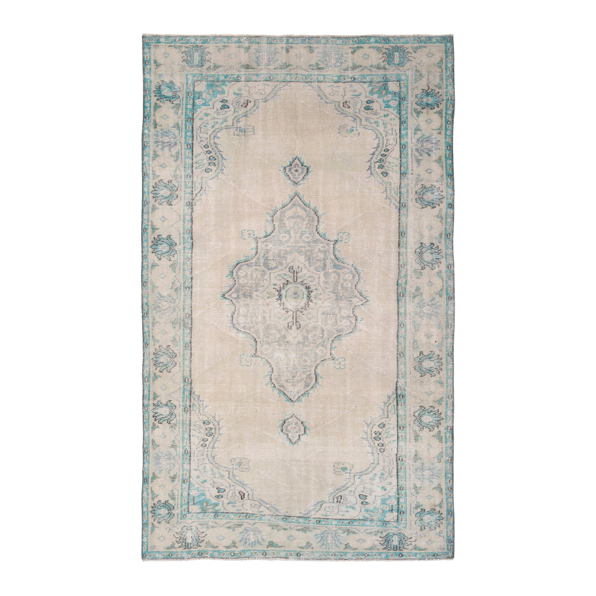 Turkish Manisa area rug in cream and teal, 5'4" x 8'10"