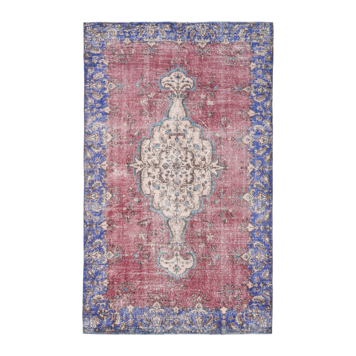 Turkish Isparta area rug in dusty rose and dark blue, 5'5" x 9'