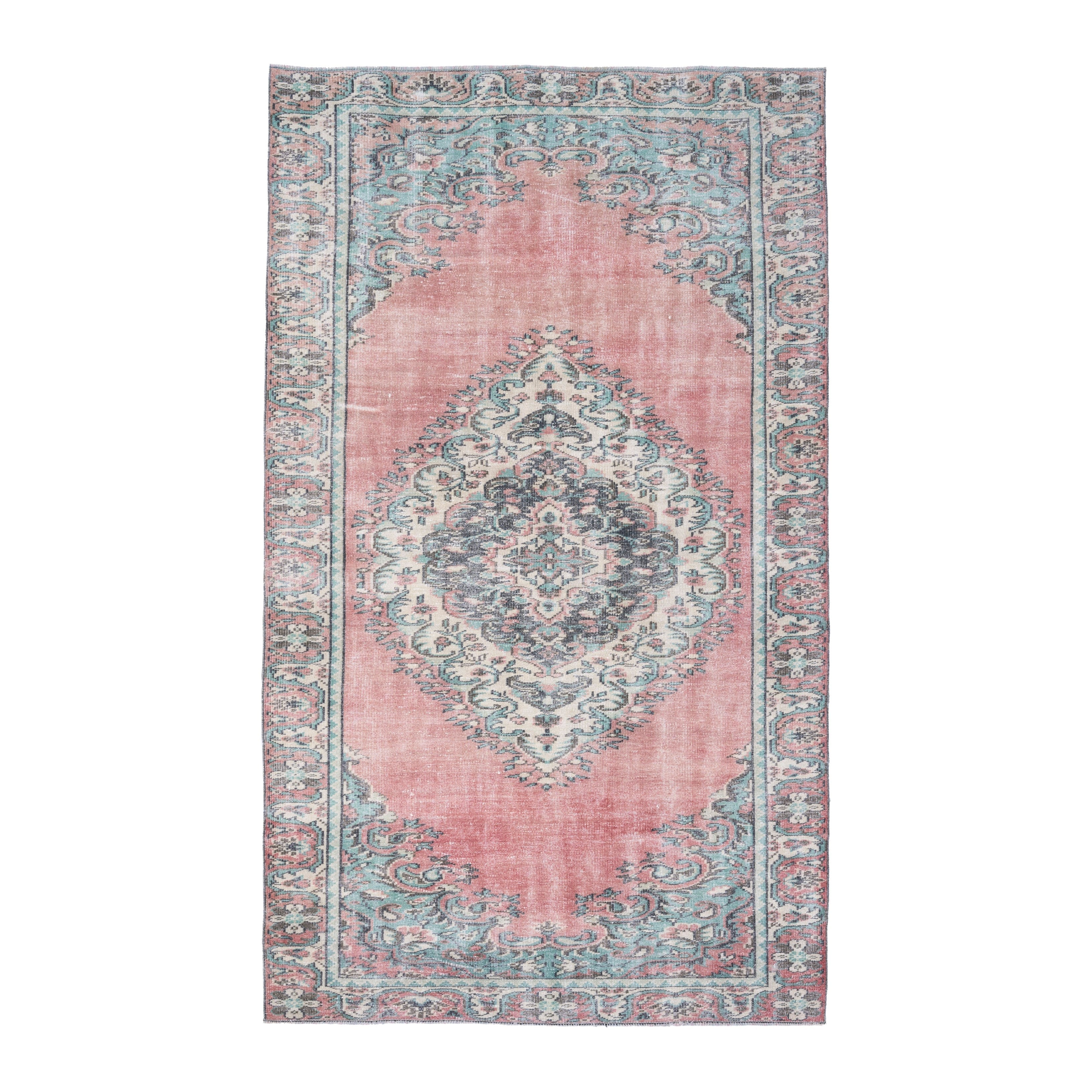Turkish Manisa area rug in muted pink and celadon, 5'7" x 9'3"
