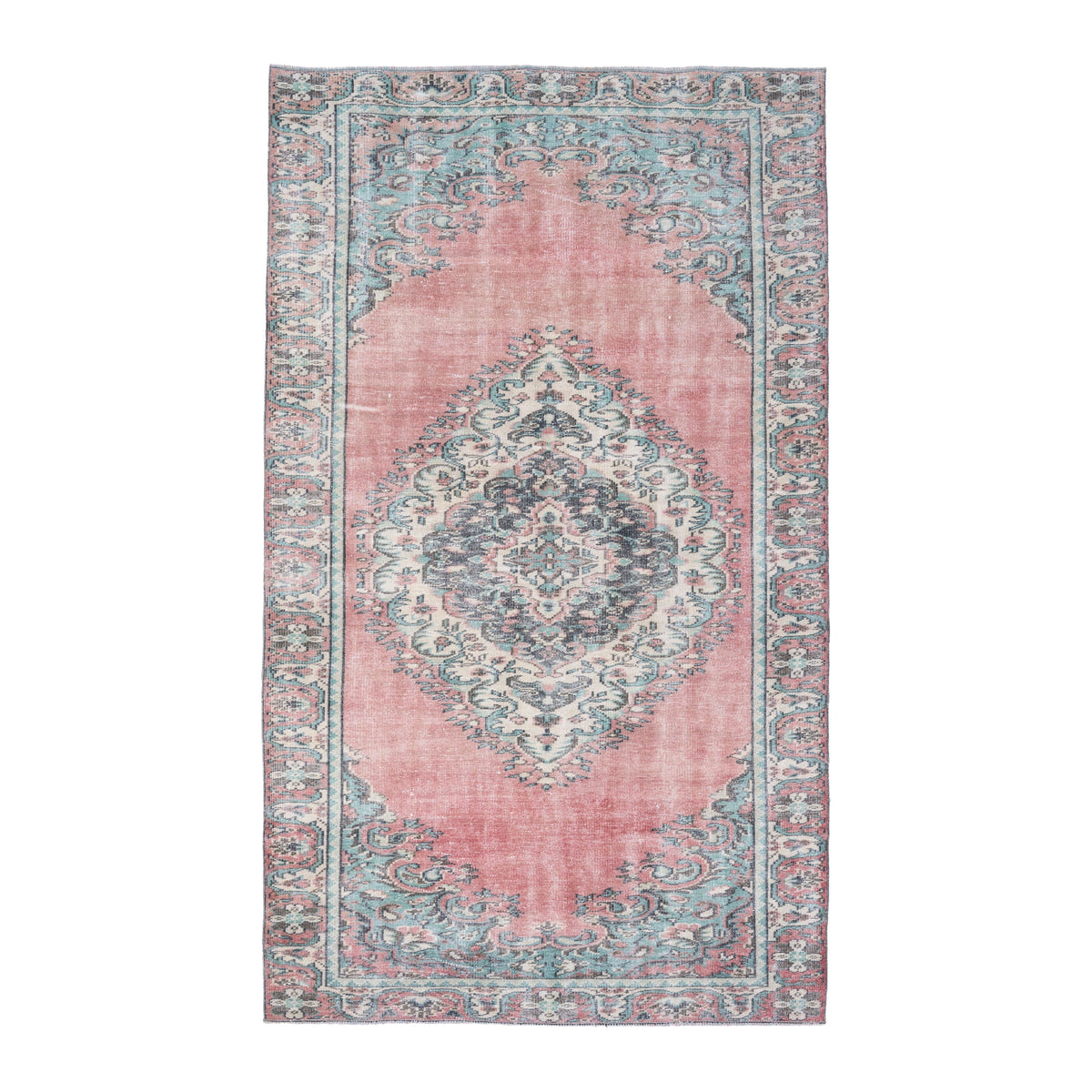 Turkish Manisa area rug in muted pink and celadon, 5'7" x 9'3"