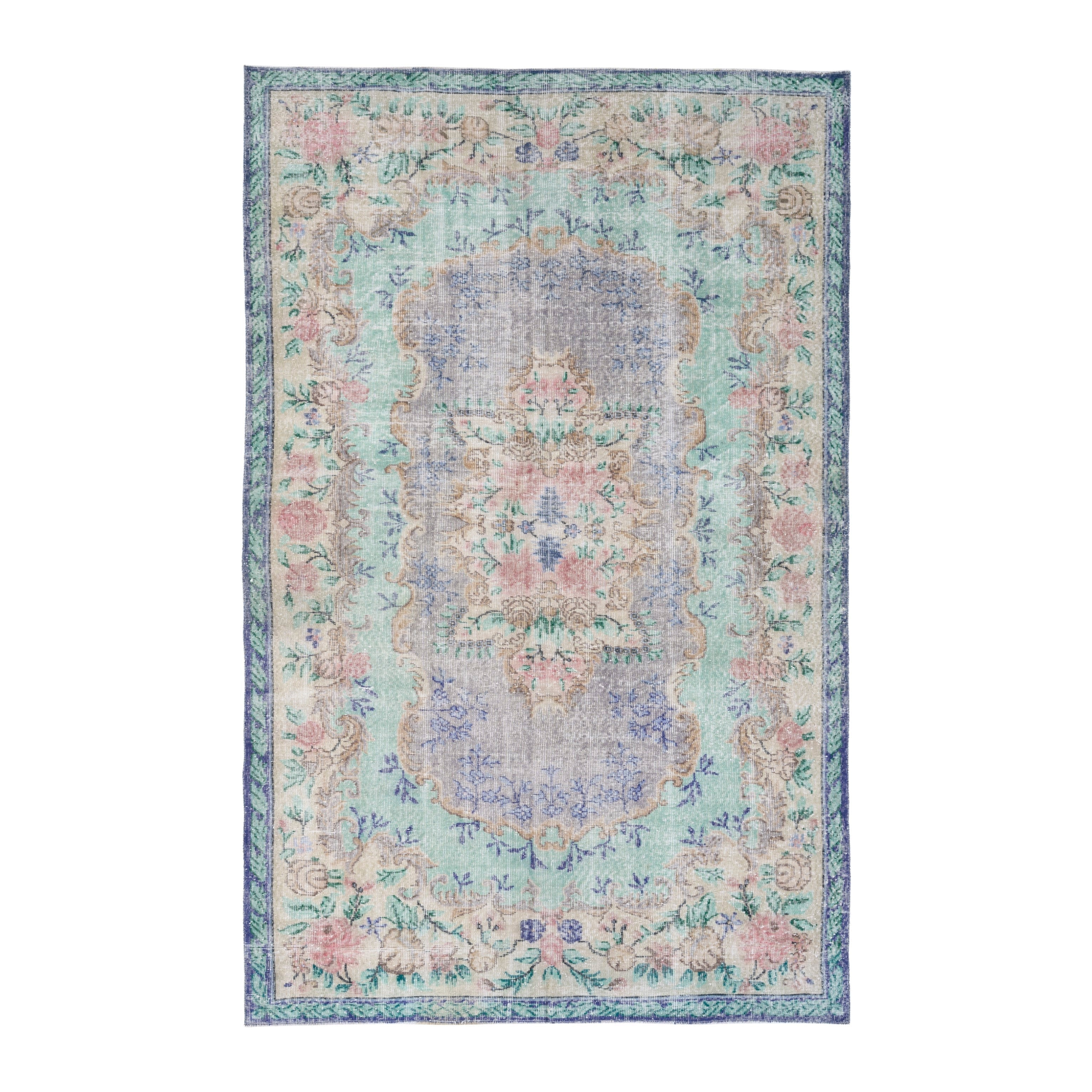 Turkish Isparta area rug in dusty blue and muted pink, 6' x 9'5"
