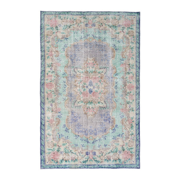 Turkish Isparta area rug in dusty blue and muted pink, 6' x 9'5"