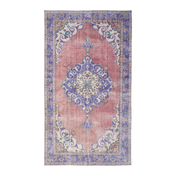 Turkish Isparta area rug in dusty rose and dark blue, 6' x 10'1"
