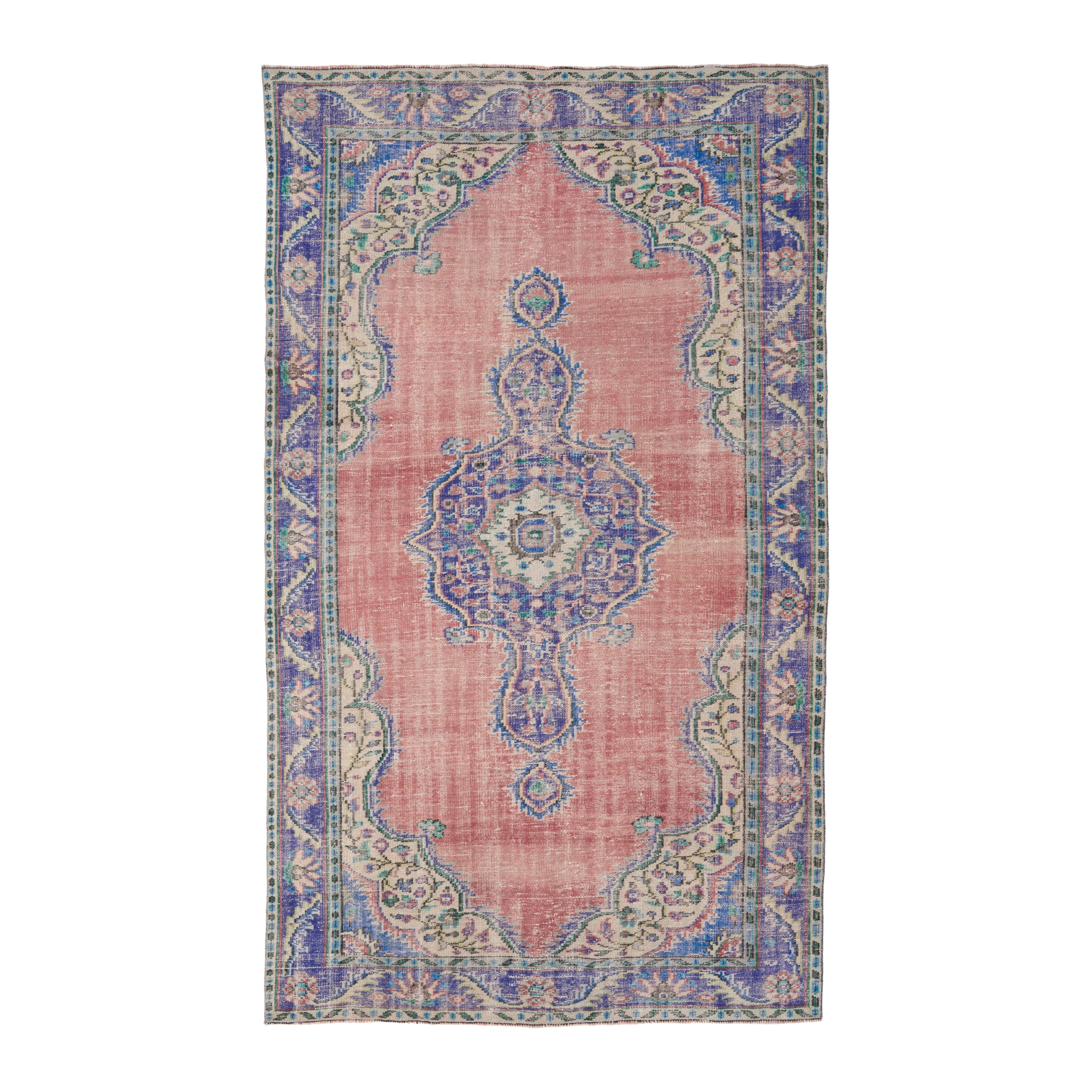 Turkish Manisa area rug in dusty rose and denim, 5'10" x 9'9"