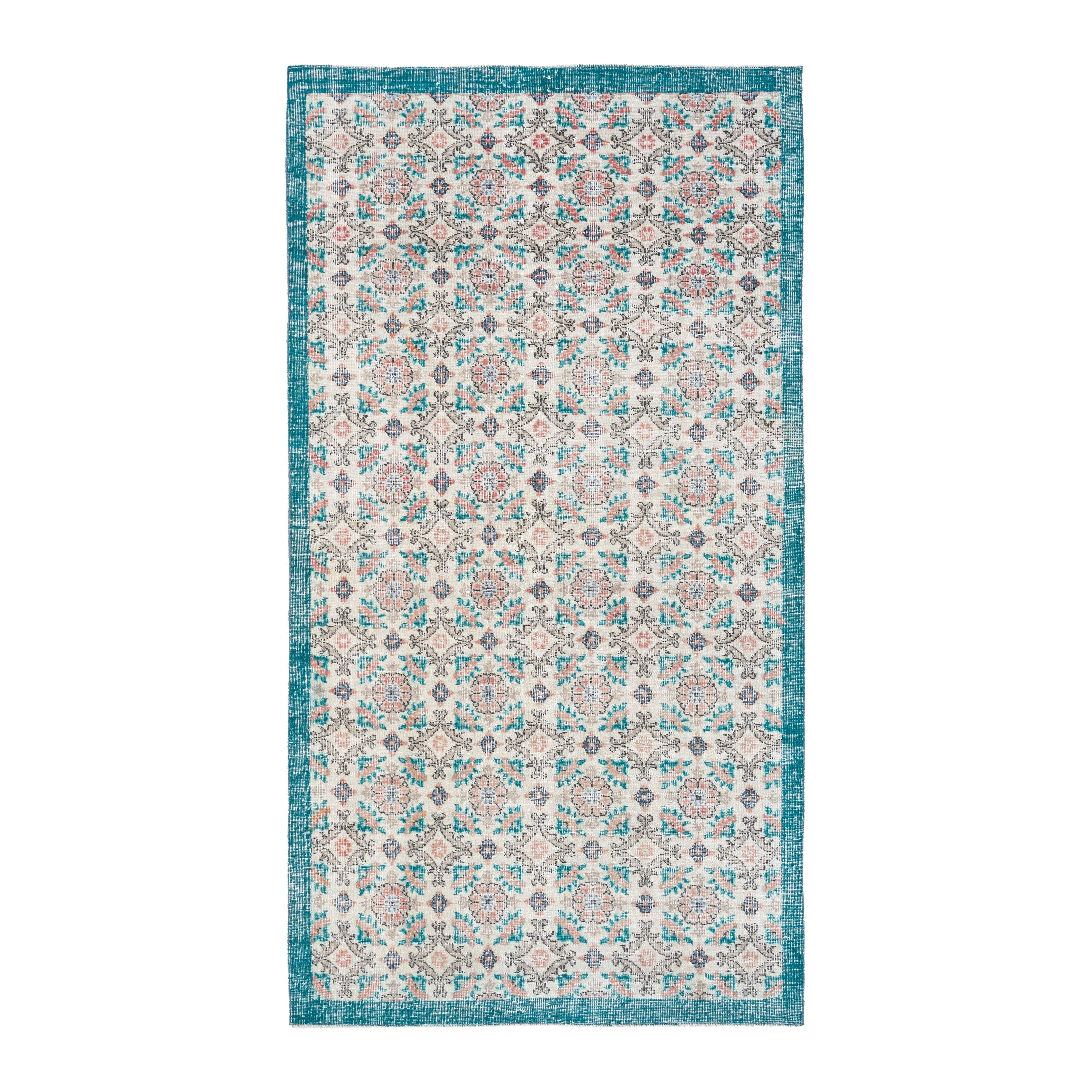 Turkish Isparta area rug in off-white and teal, 4'3" x 7'10"