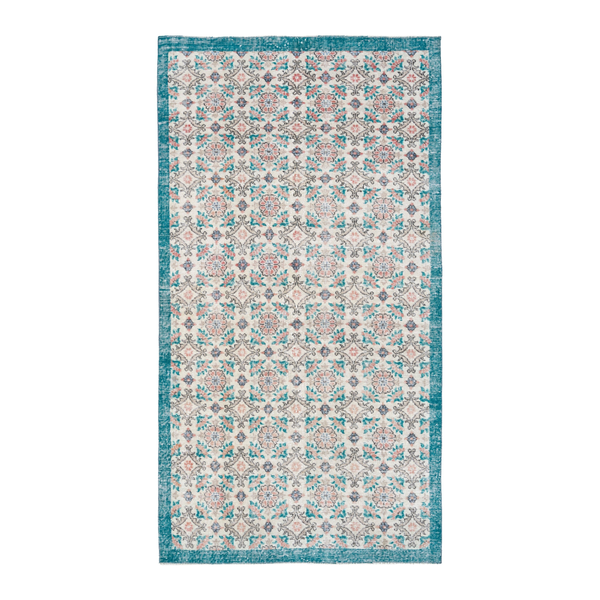 Turkish Isparta area rug in off-white and teal, 4'3" x 7'10"